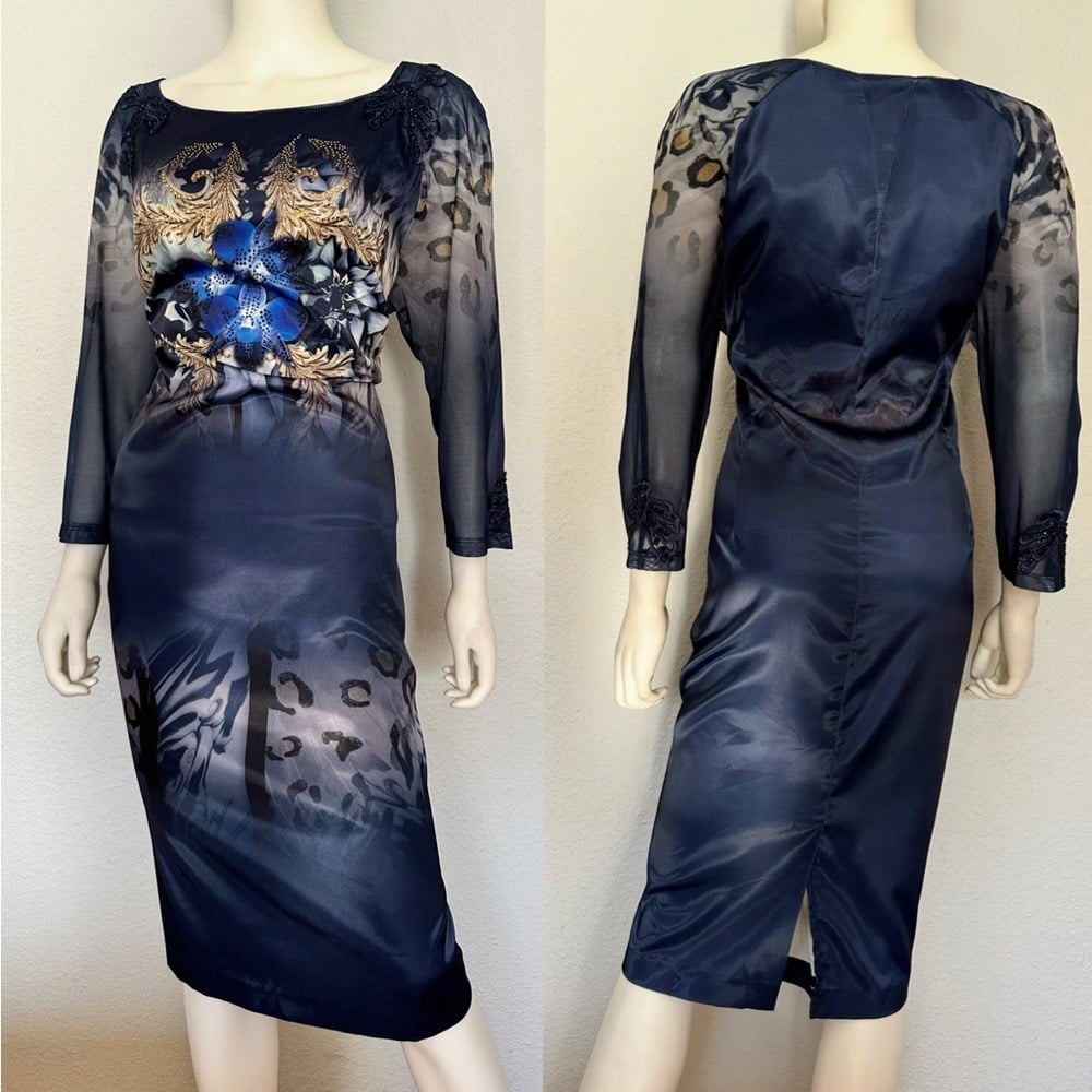 NWT POLEN POE PLUS SIZE SATIN DRESS SHEER SLEEVES UNLINED FLORAL/ANIMAL PRINT