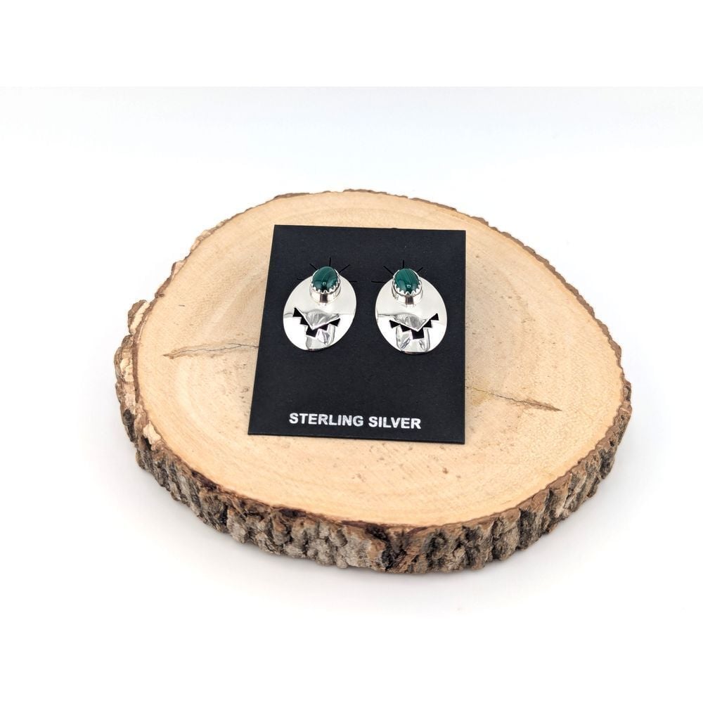 Native American Tribal Symbol Navajo Malachite Earrings Sterling Silver Jewelry*