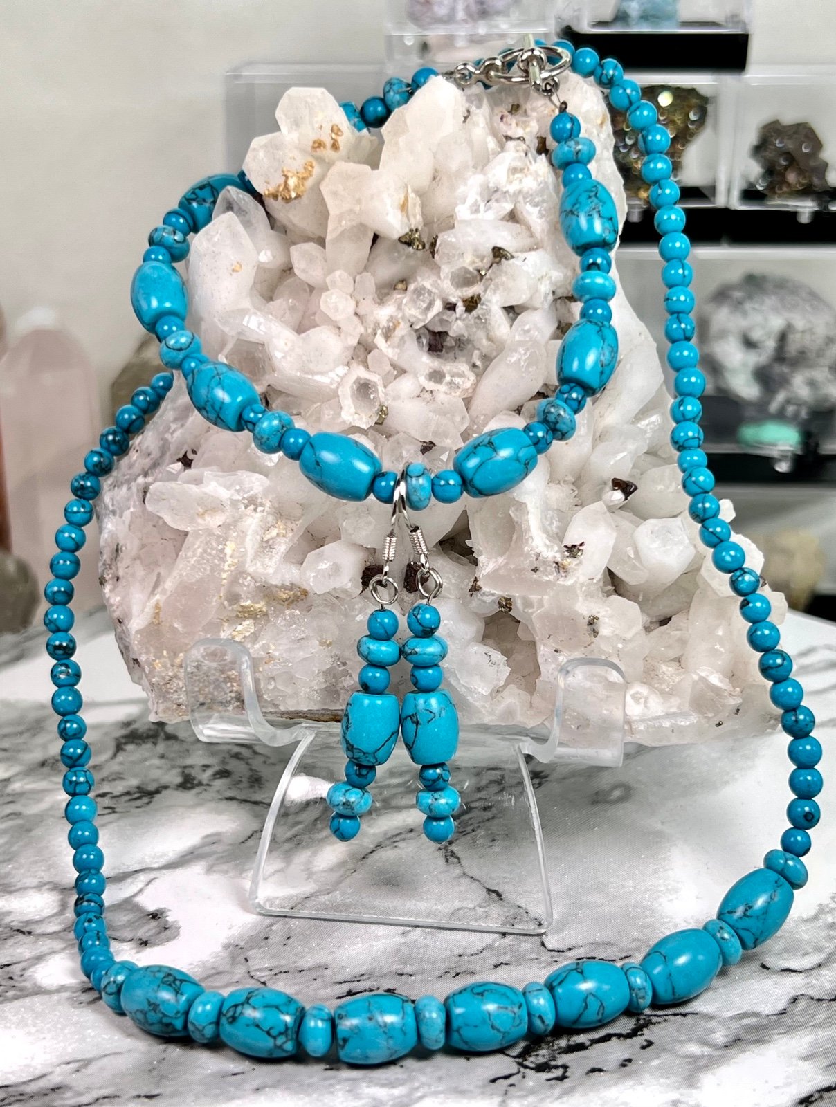 Sets Turquoise Howlite Crystals Beads Necklace Bracelet & Earrings