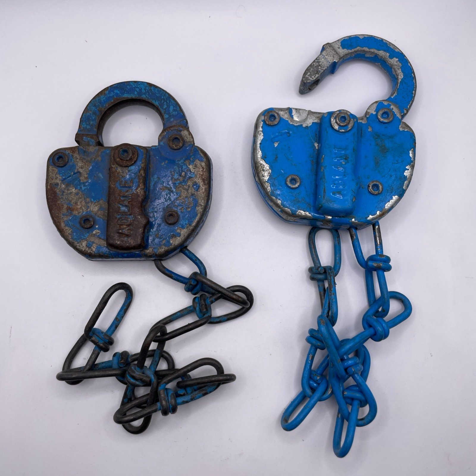 2 Vintage Blue Signal Railway Railroad Locks Padlocks With Chain No Keys USA