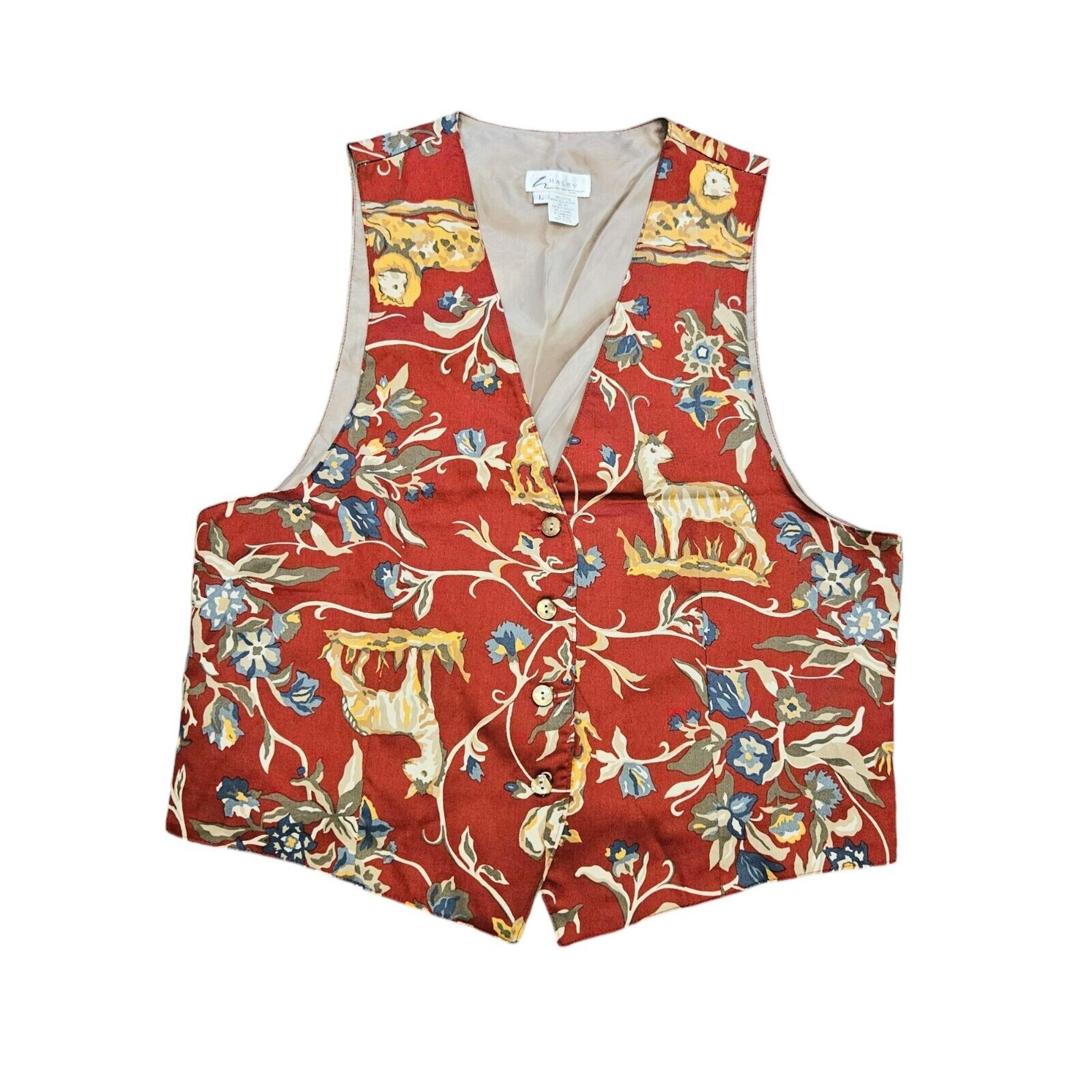 Vtg Hayley Animal Print Vest Women L Red Beige Boho Safari WearableArt Waistcoat