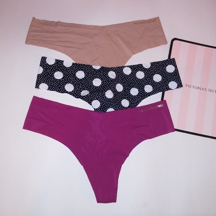 Set of 3 Victoria Secret Panty Thong Large Seamless No Show Beige Fuchsia Black