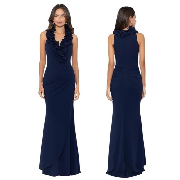 NEW w.tag Xscape Women's Navy V-Neck Ruffle Sheath Gown Size 12