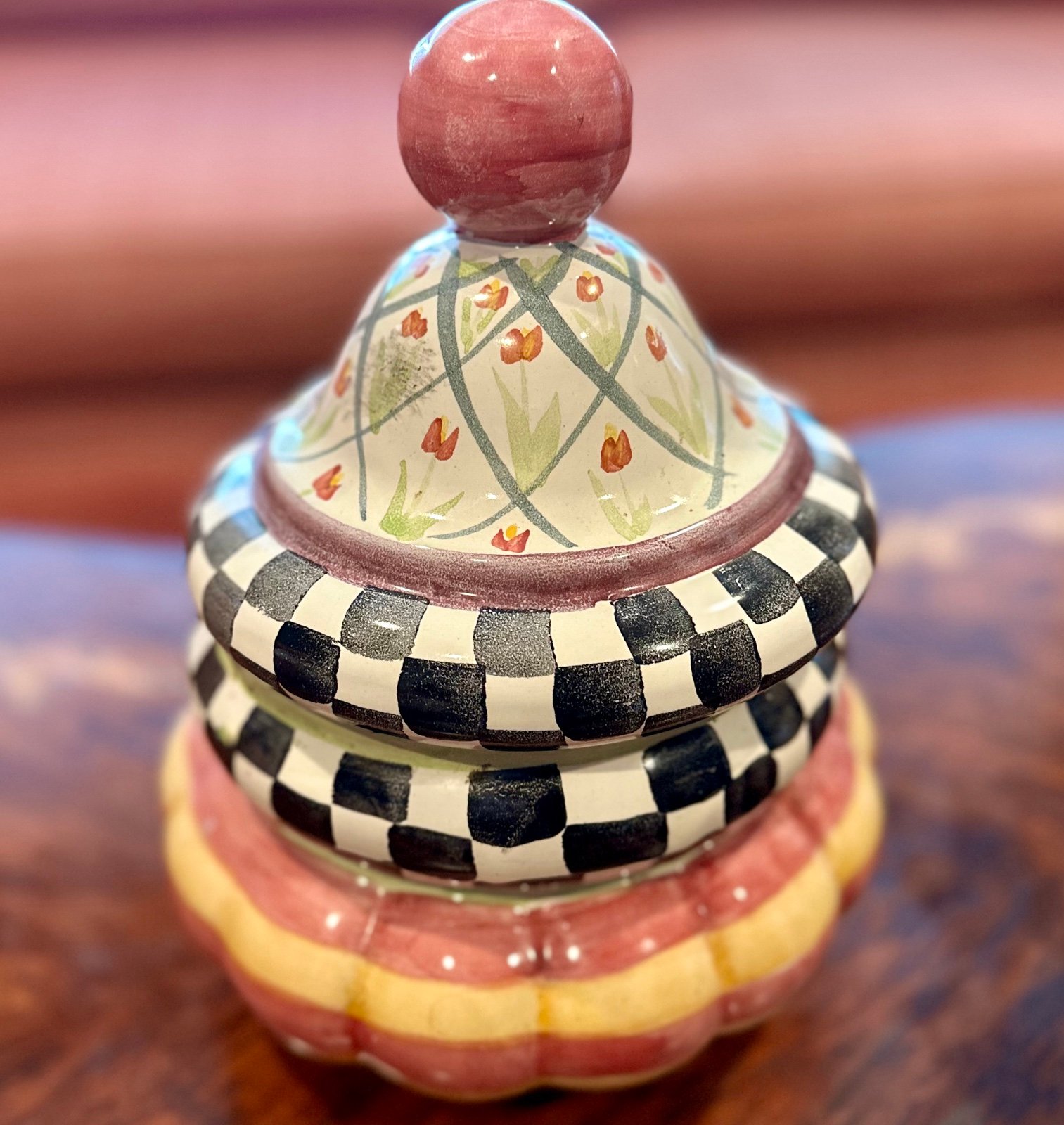 MacKenzie Childs Courtly Check Taylor Odd Fellows ceramic Hand-Painted Canister
