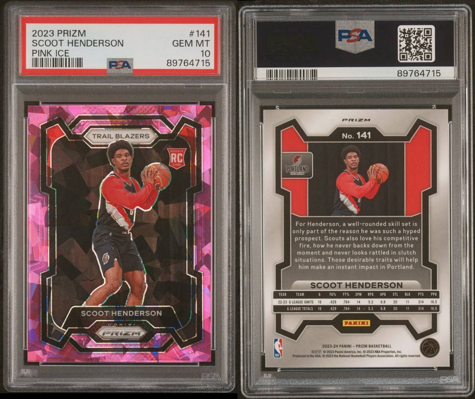 Scoot Henderson 2023-24 Prizm Pink Ice Prizm Rookie Card RC #141 PSA 10 GEM MT