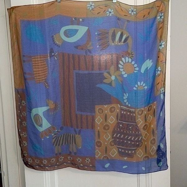 Vintage large Pier Olivier Paris blue, orange & purple semi sheer square scarf
