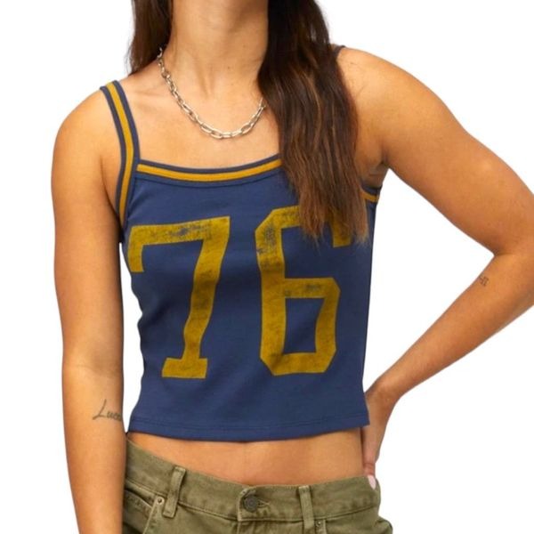New! Daydreamer 76 Women's Cropped Sporty Trim Tank Top Vintage Navy Large NWT