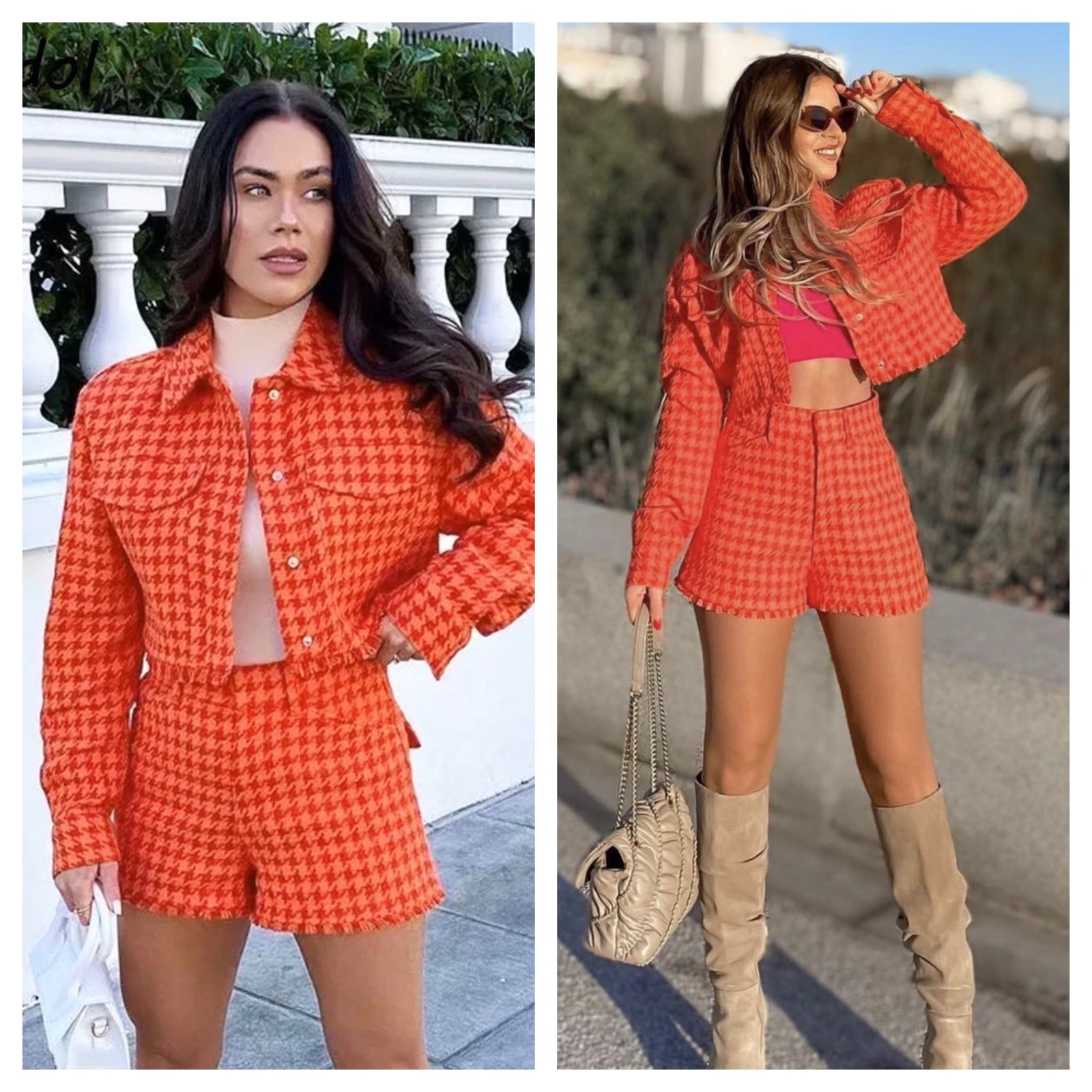 Zara Orange Houndstooth Matching Set Crop Jacket Shorts Small
