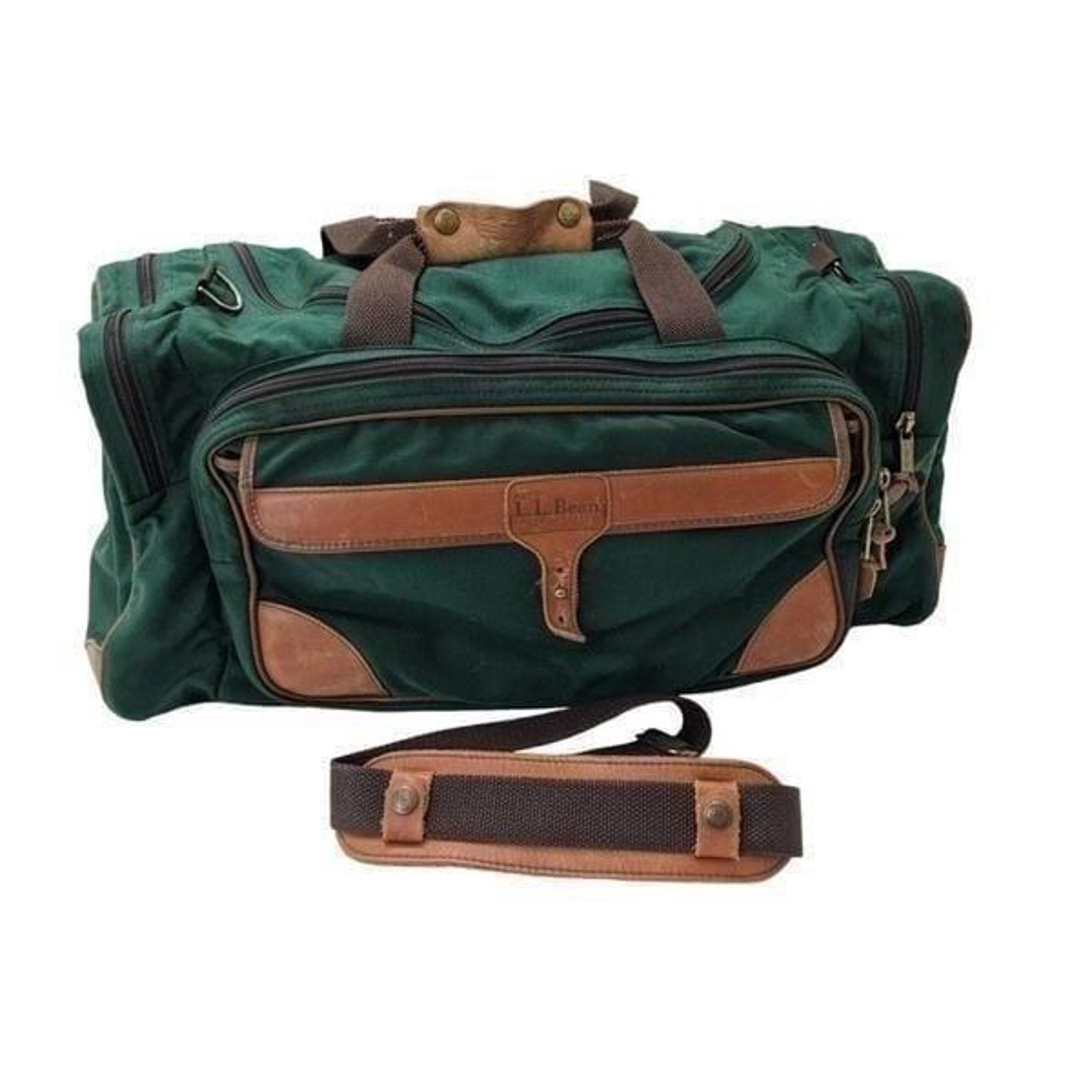 Vintage LL Bean Canvas Leather Duffle Bag Green Large Shoulder Strap