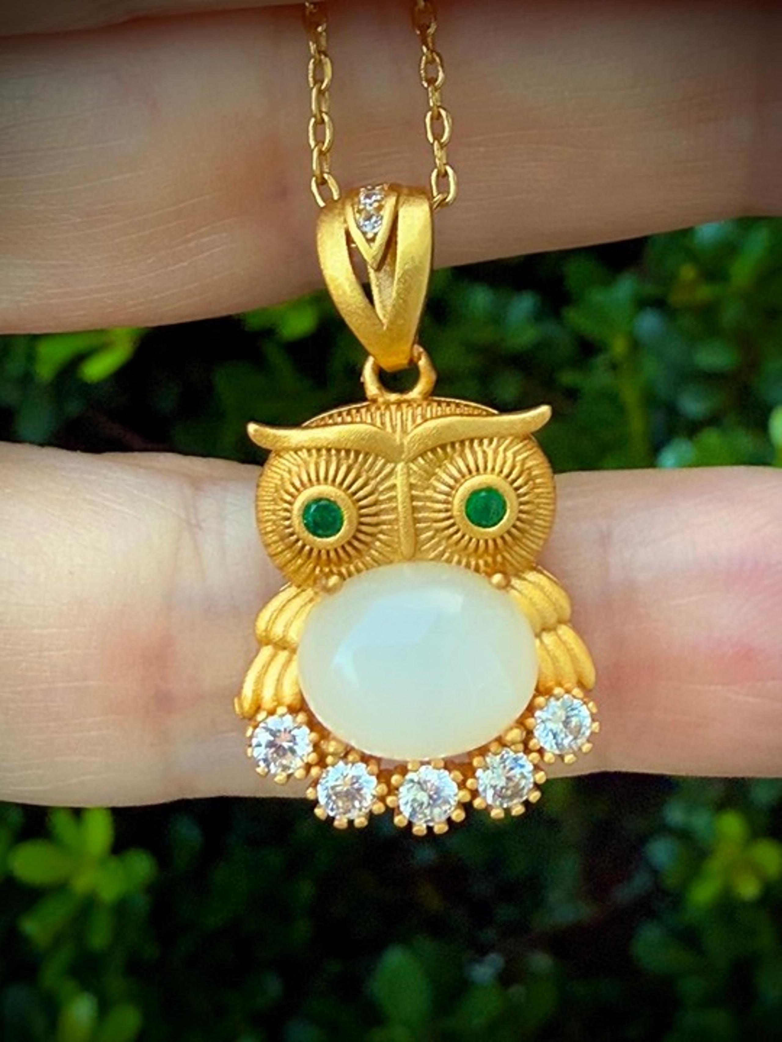 Jade Owl lab Diamond CZ Pendant Necklace, Gold/Silver Luxury Gift Amulet