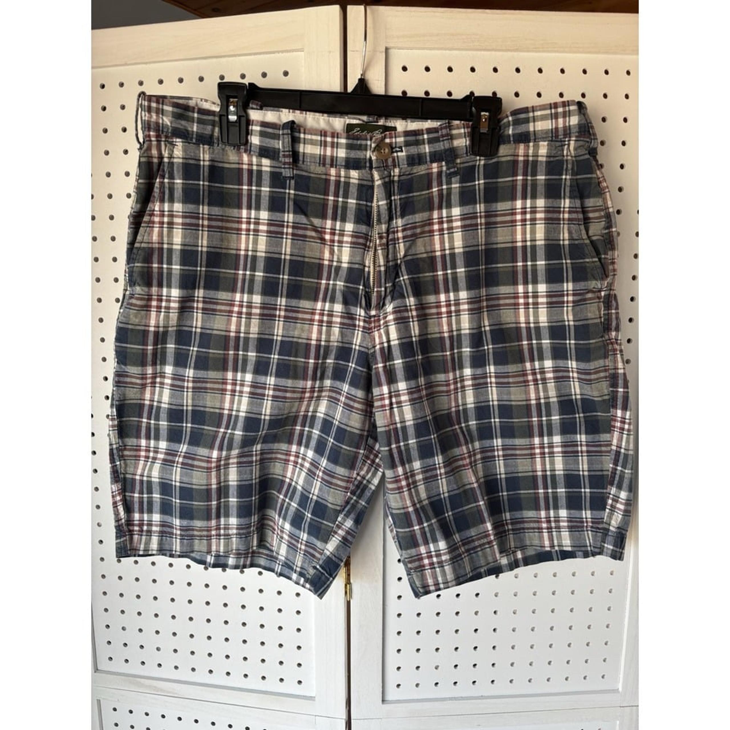 Men's 38 Eddie Bauer Plaid Chino Golf Shorts Preppy Casual Blue Burgundy Green