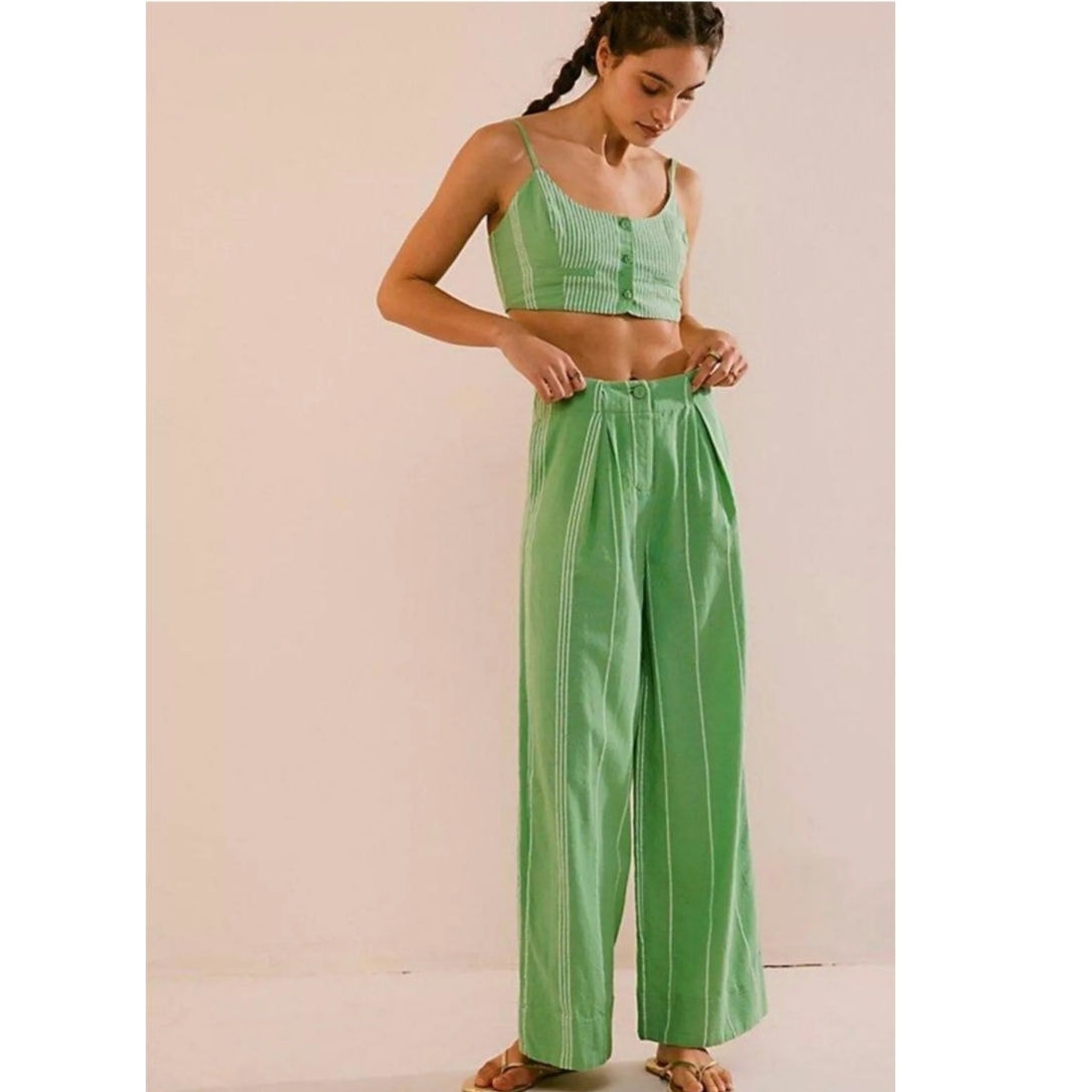 New Free People Casual Friday Pants Tank Set FREE-EST 128 LARGE Green Striped