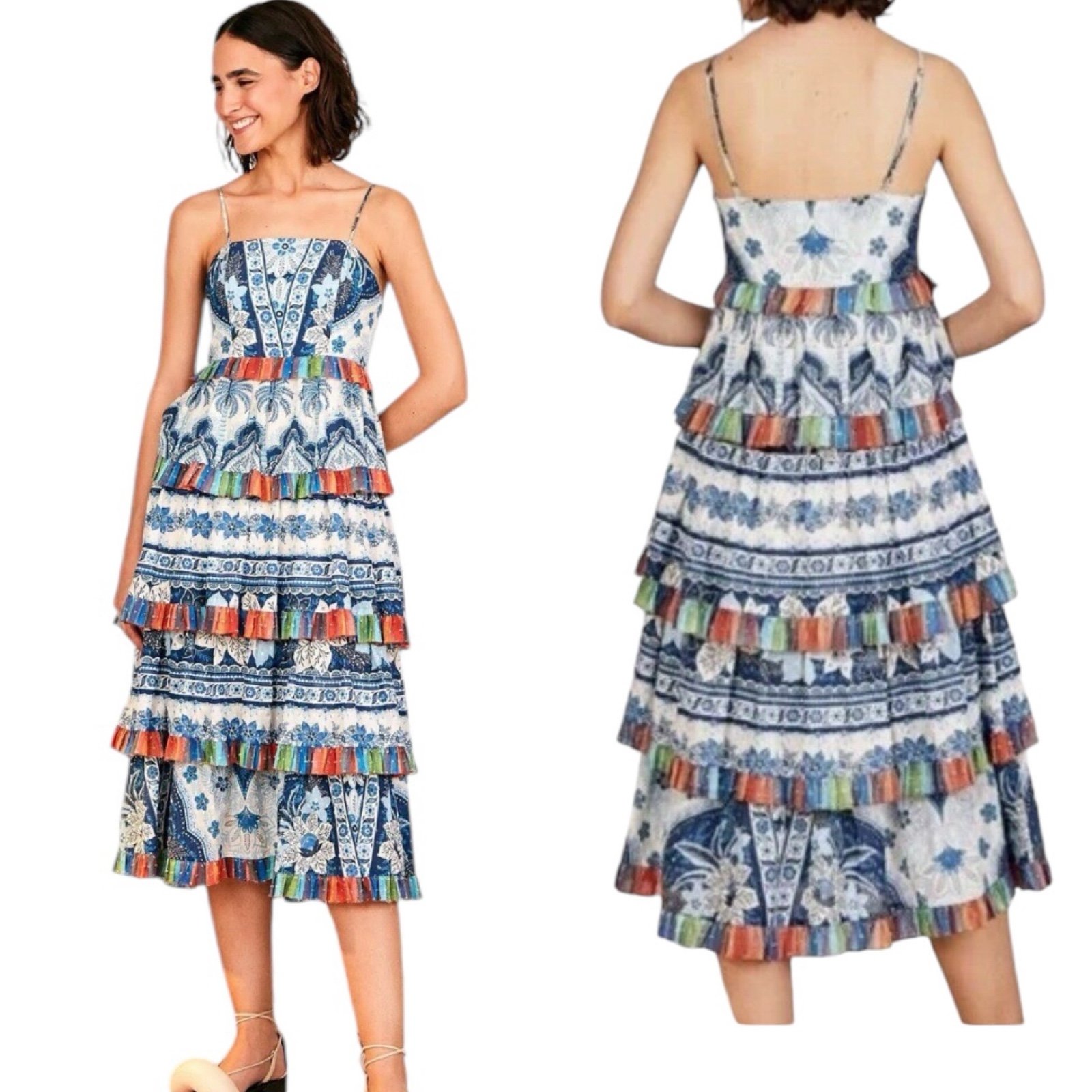 Farm Rio Blue Palms Frilled Skirt Midi Dress