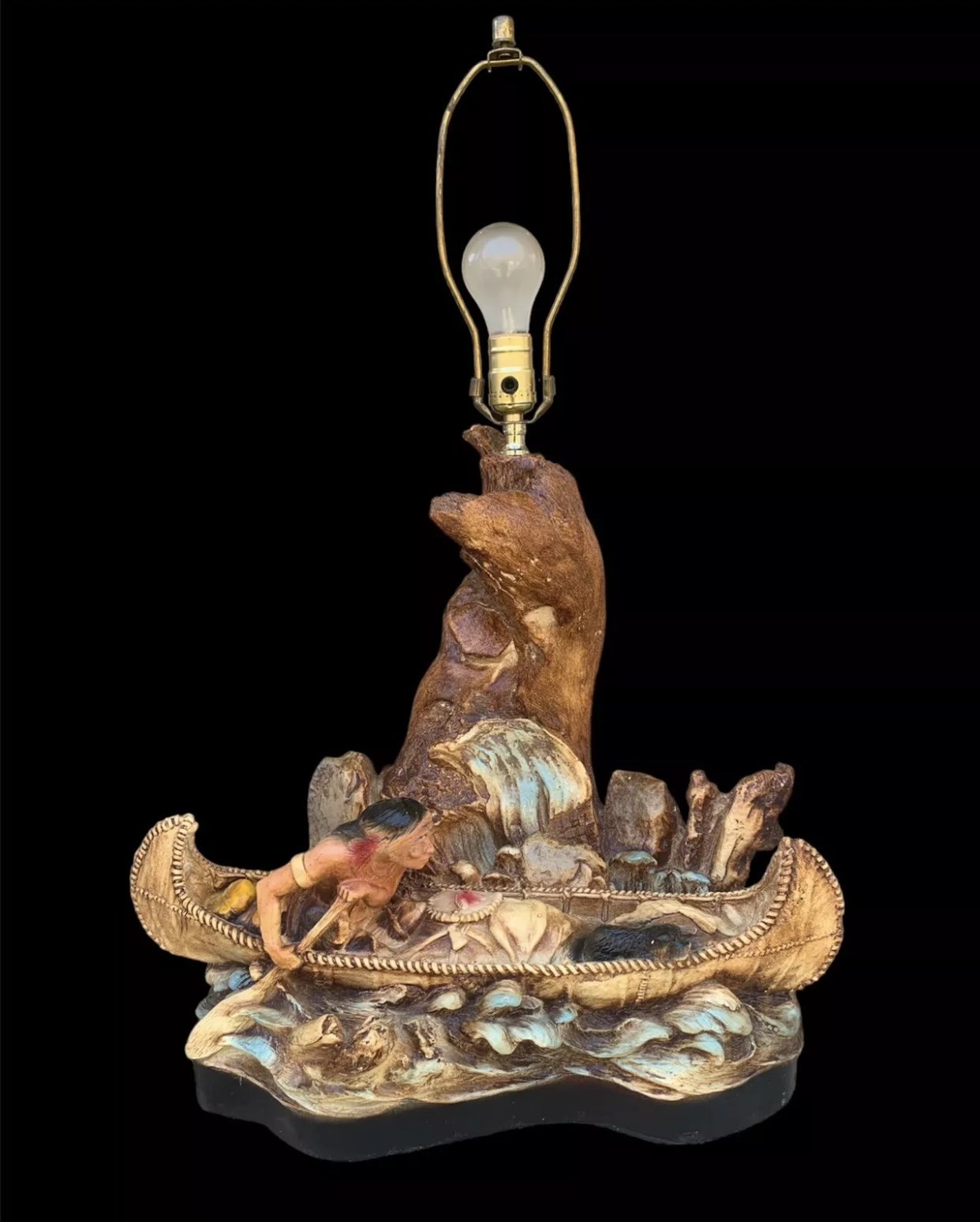 Vintage Apsit Bros. Native American Indian in Canoe w/ Dog MCM Chalkware Lamp