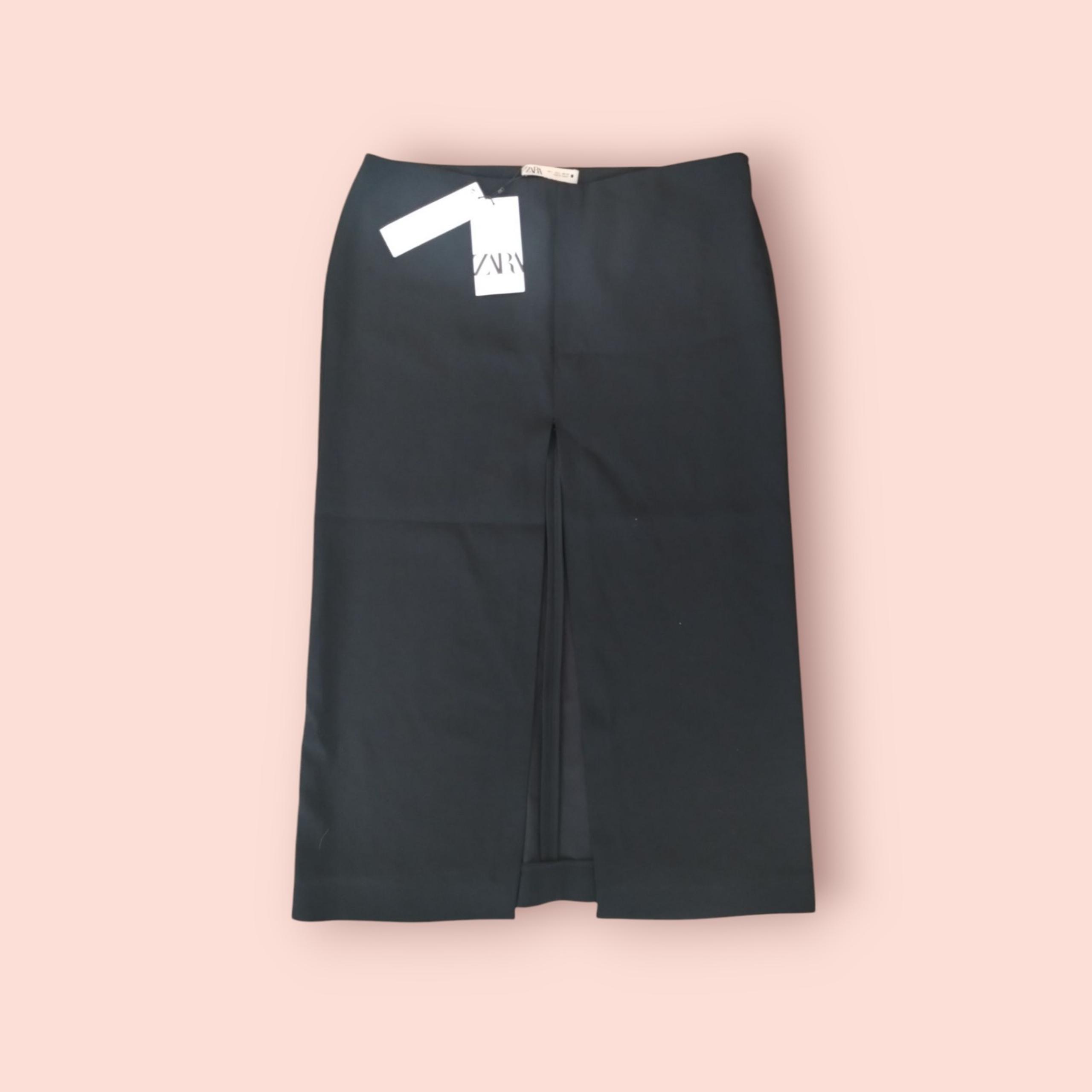 Zara Women's Low Rise Black Midi Straight Pencil Skirt Front Slit Large NWT