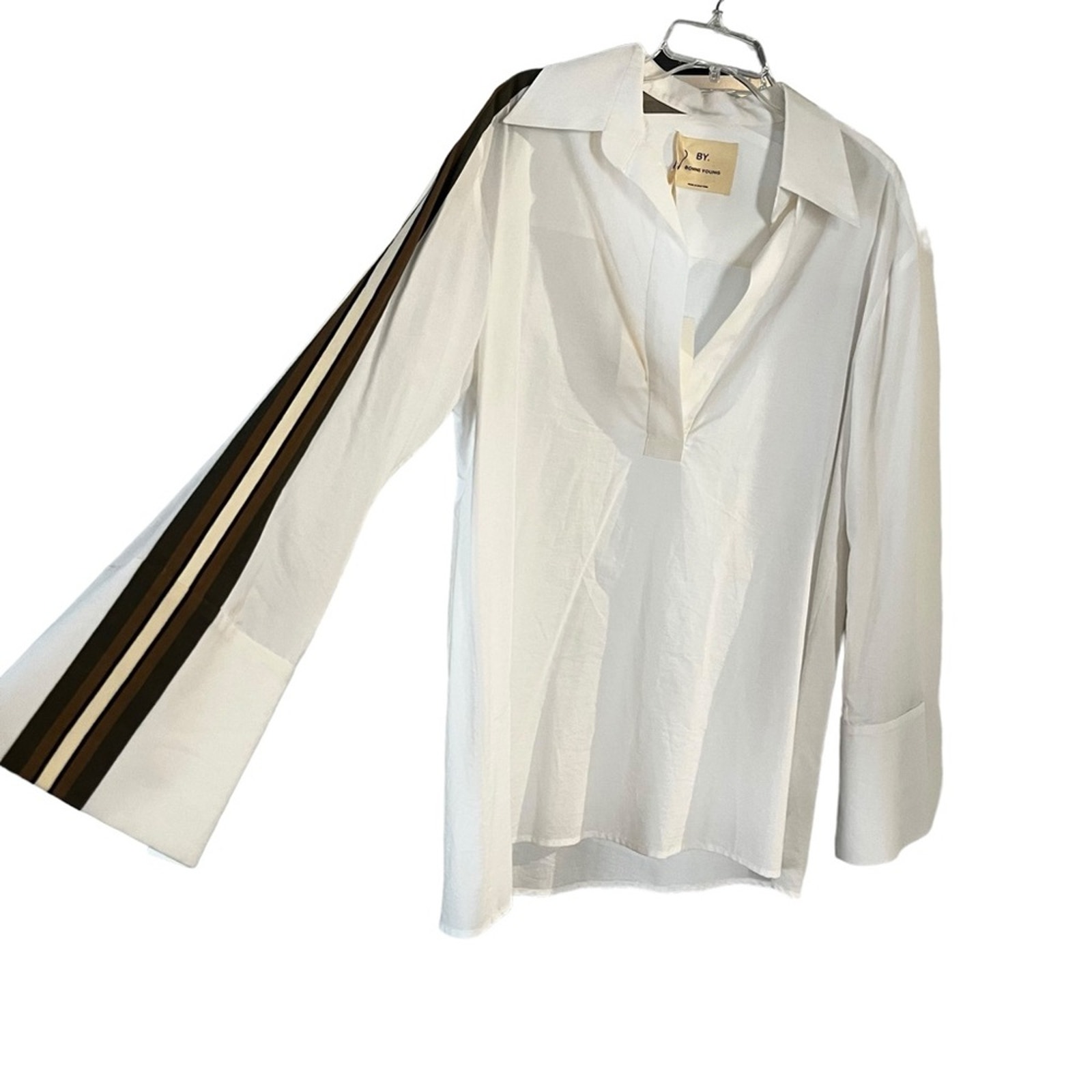 NWT BY. Bonnie Young Border Stripes Long Bell Sleeve Open V Neck Collared Shirt