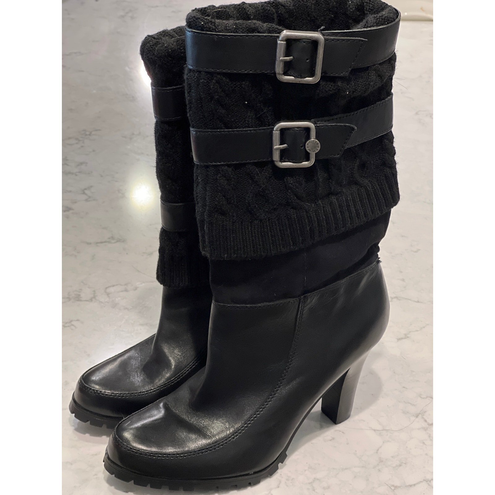 Marc Fisher Women’s Double Buckle Knit Sweater Heeled Tall Boots Size 9.5 Black