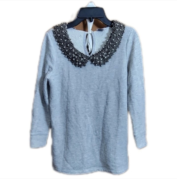 ANTHROPOLOGIE womens beaded rhinestone mock collar sweater Grey XS