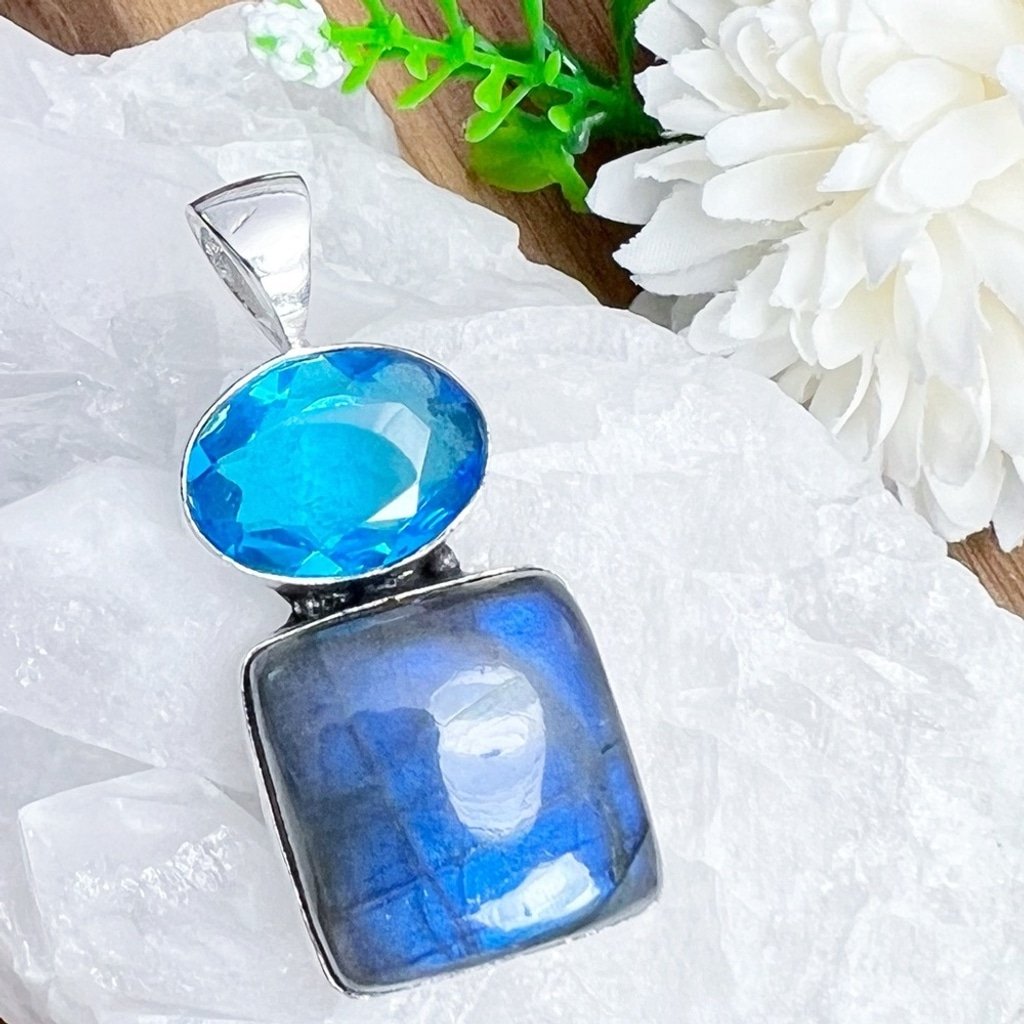 Blue Topaz and Blue Labradorite Pendant Solid Sterling Silver 925 Handmade New