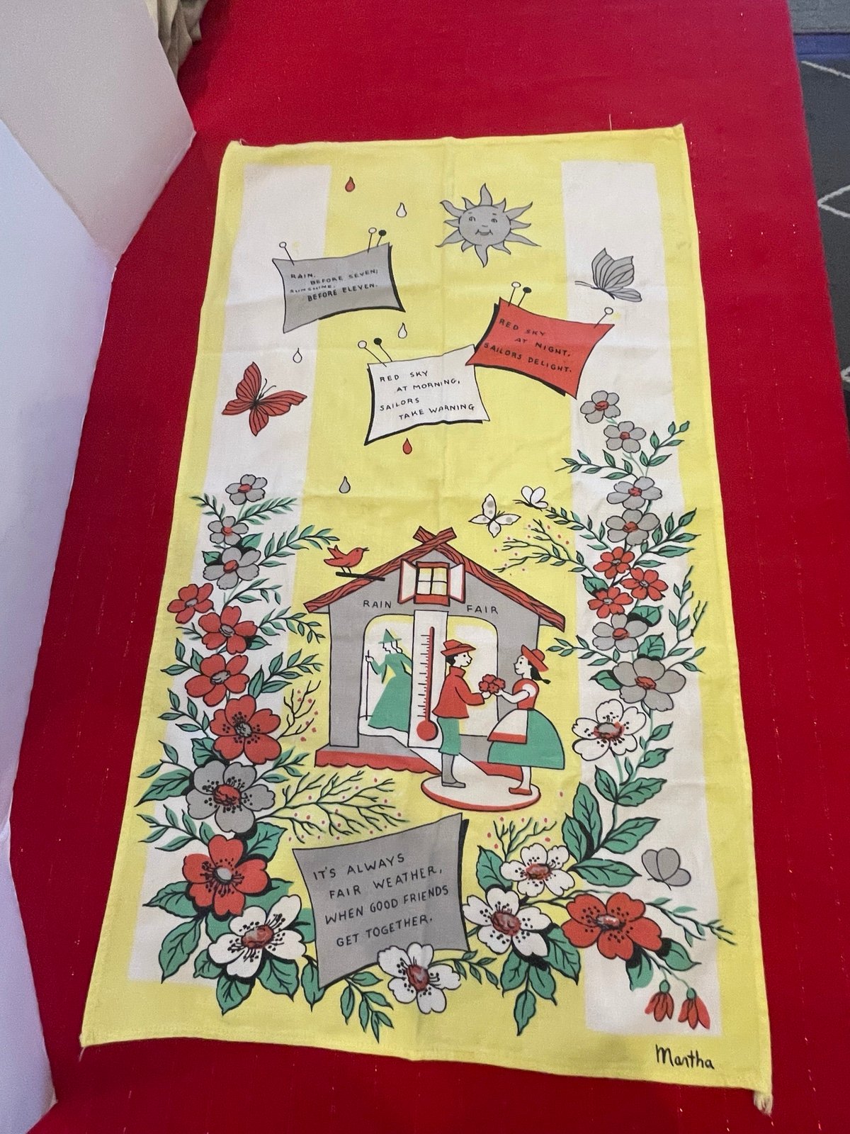 Vintage Weather Themed Tea Towel By Martha Yellow, Red, White & Green. Adorable