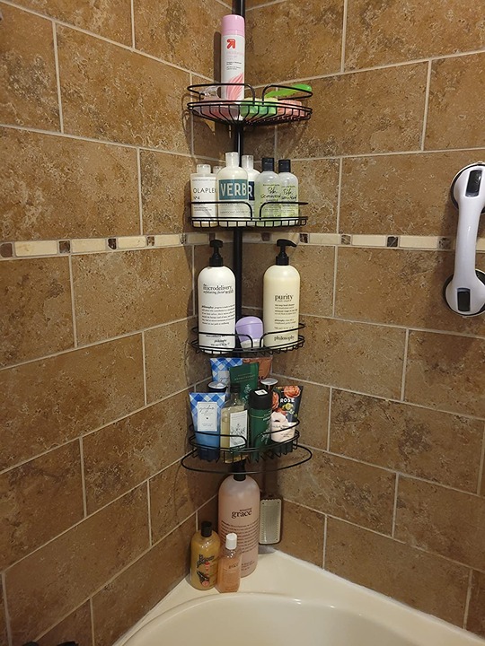 Pole Shower Caddy with 4 Shelves with Towel Bar and Hooks, Matte Black 60-97 Inc