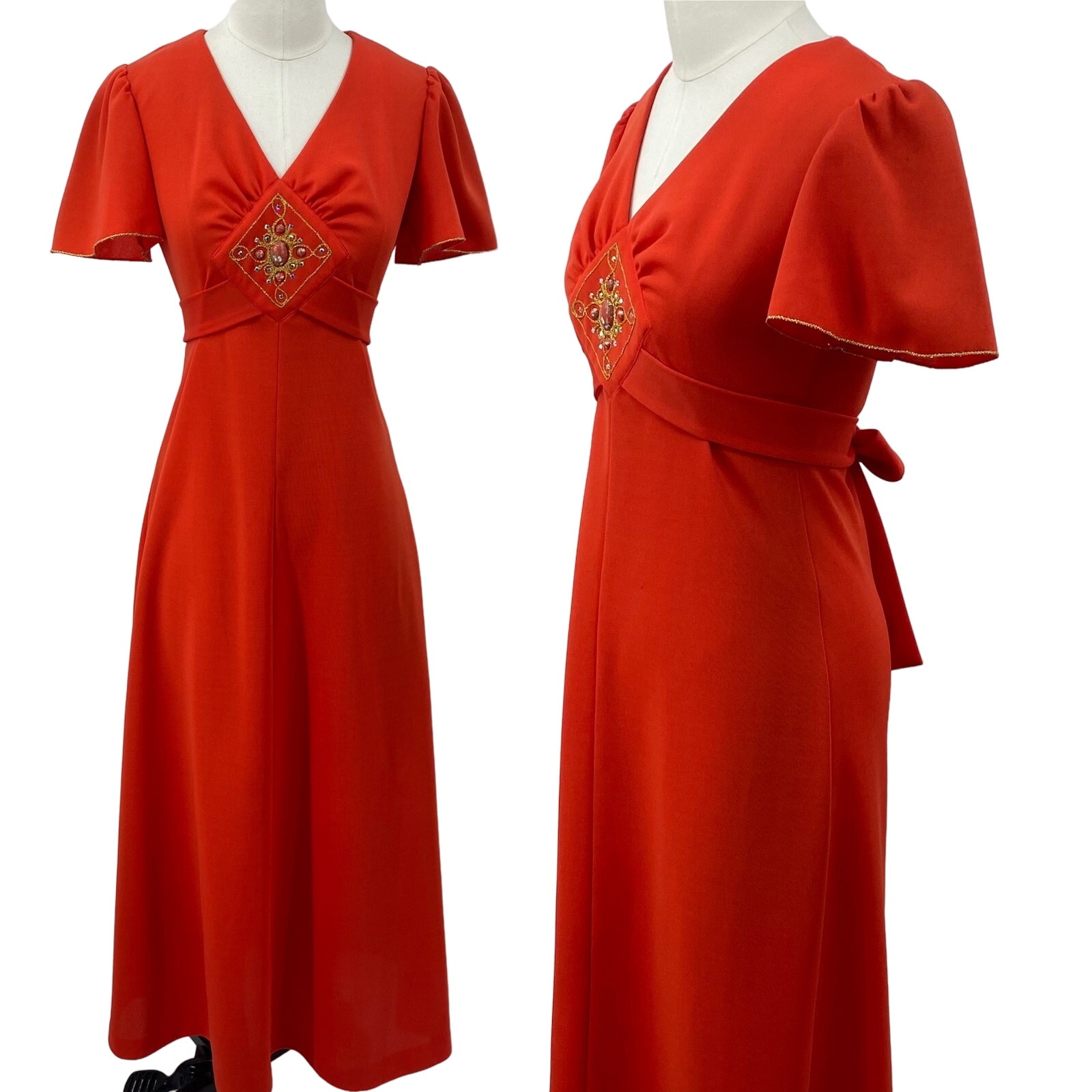 Vintage 70s Beaded Embellished Maxi Dress V Neck Empire Waist Red Orange Gold 4