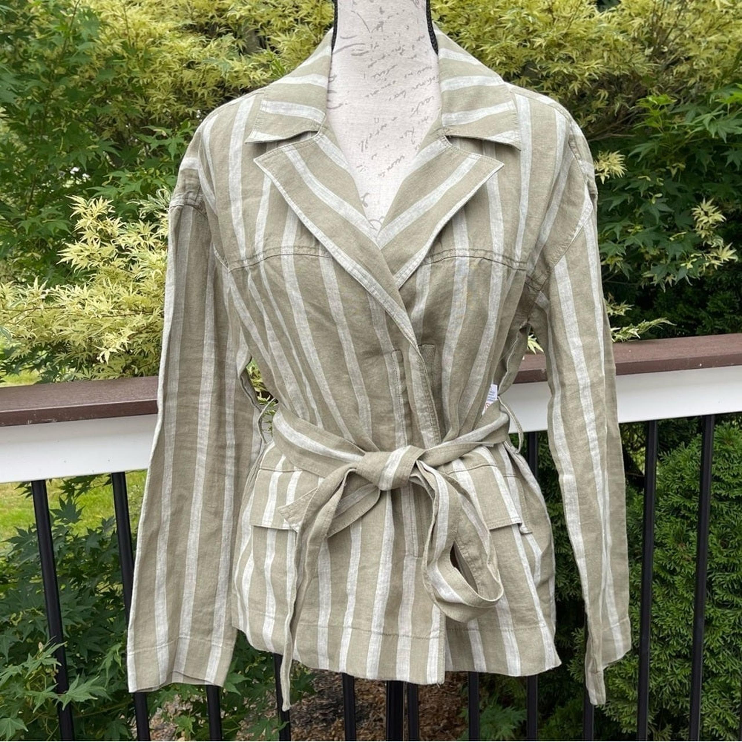 Lord & Taulor striped natural green and beige linen blazer zipped w belt Sz M