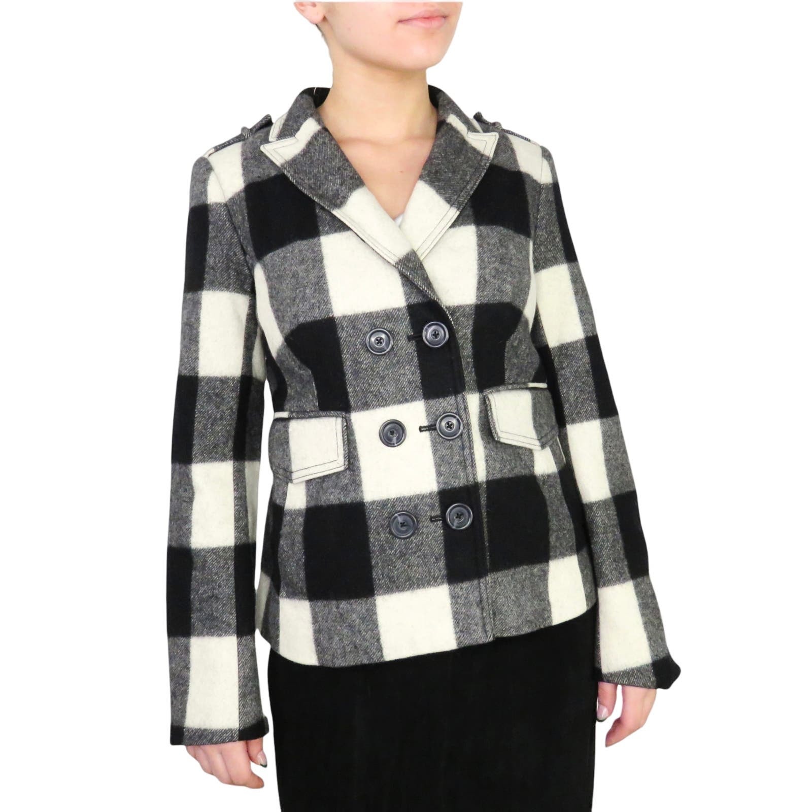 Banana Republic Black & White Plaid Wool Peacoat XS Preppy Cozycore Twee