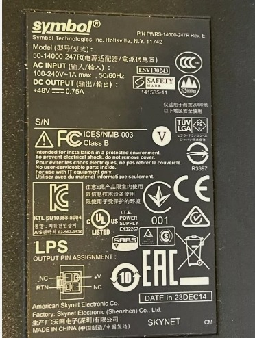 SYMBOL AC ADAPTER MODEL 50-14000-247R 100-240V 1A OUTPUT 48V 0.75A 21 mi 20