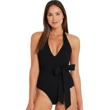 SEA LEVEL Dark Romance Bonded Belt Plunge One Piece Swimsuit Black 10 Halter Bow