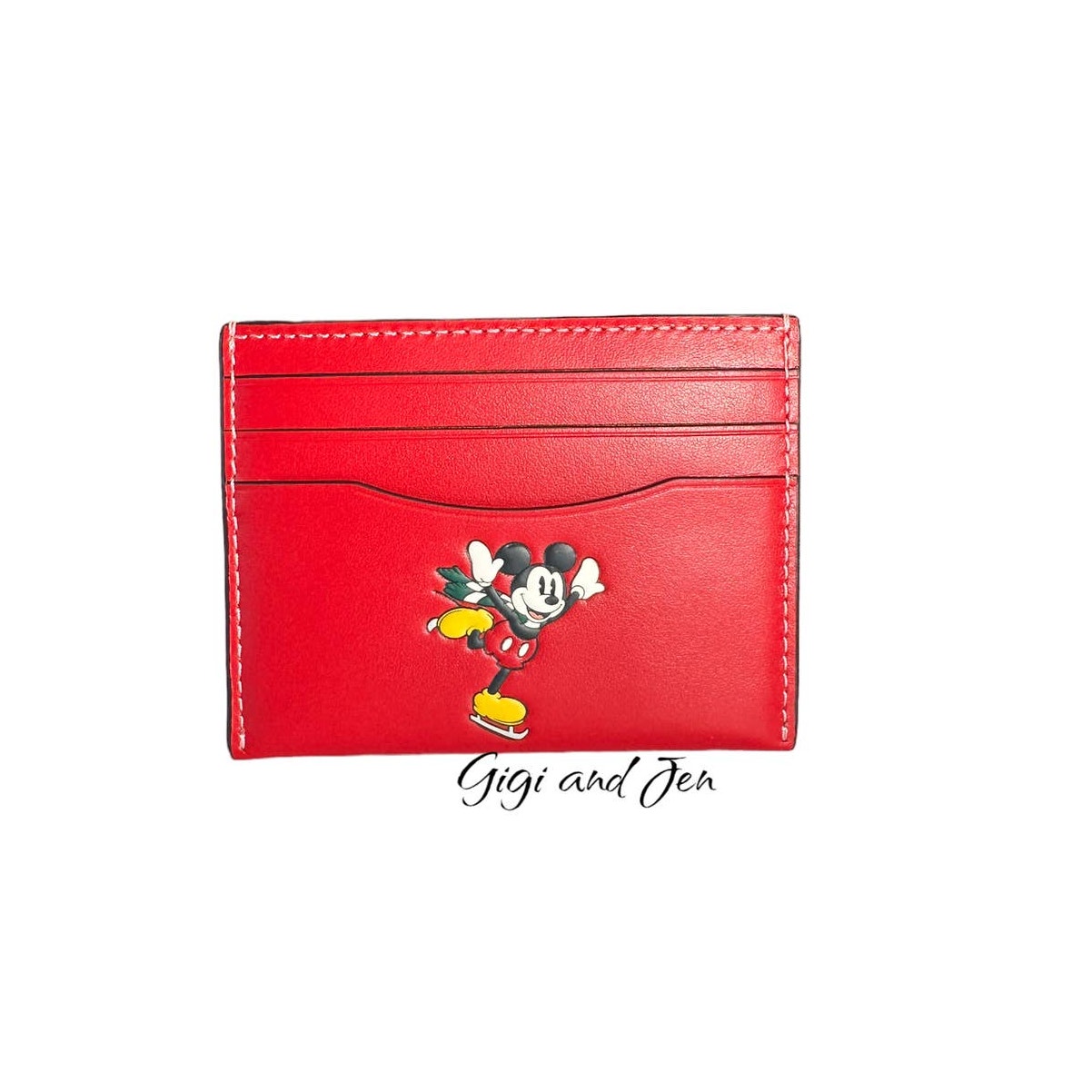 Coach Disney Mickey Unisex Slim Id Card Case With Winter Motif Elictric Red