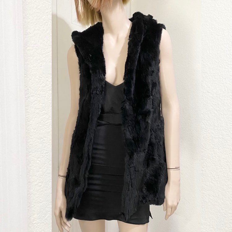 ANGL 100% Fur Black Vest Sleeveless Fur Hooded Coat S