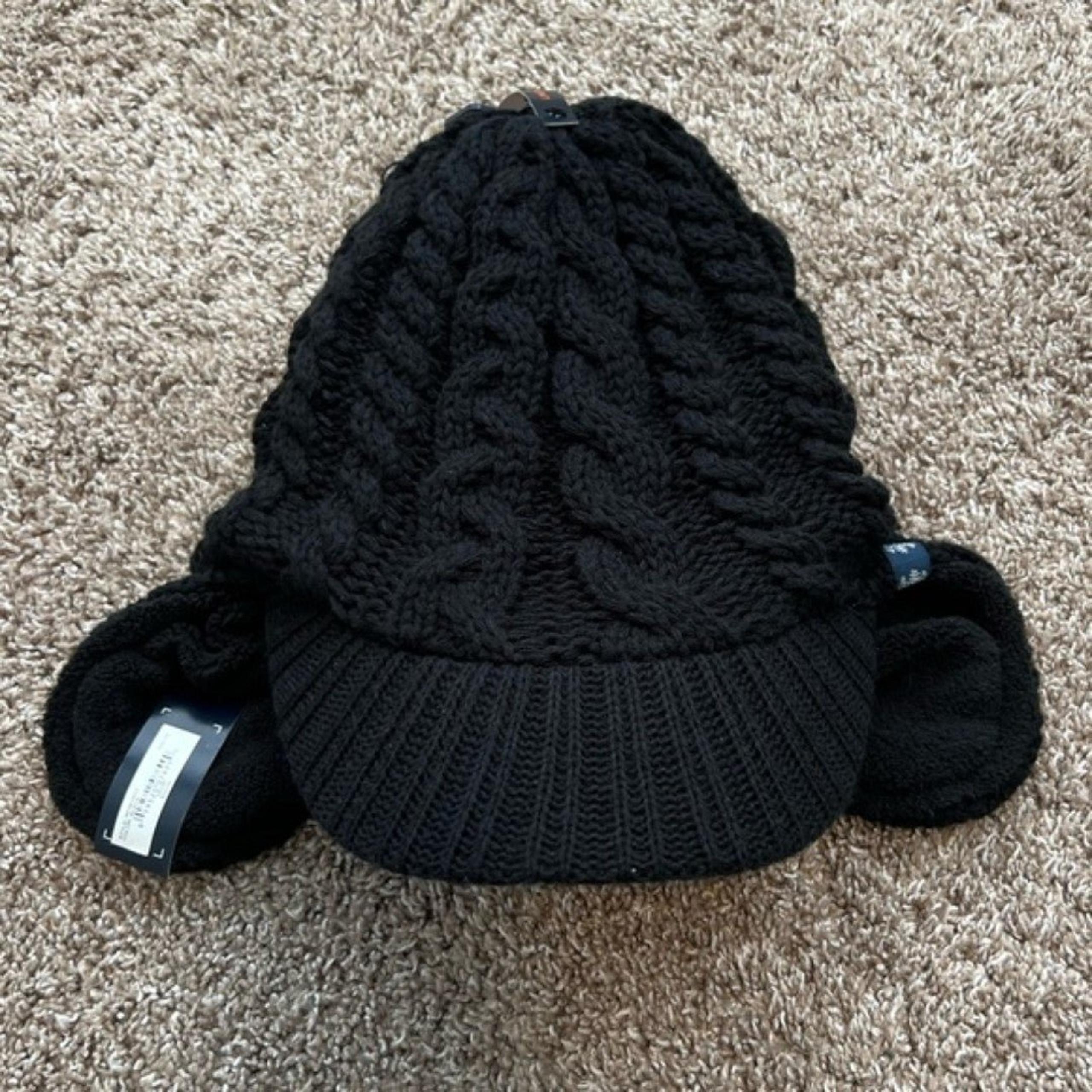 RAINFOREST Men's Black Cable Knit Ear Trapper Hat Brim Flap Acrylic Fleece Lined