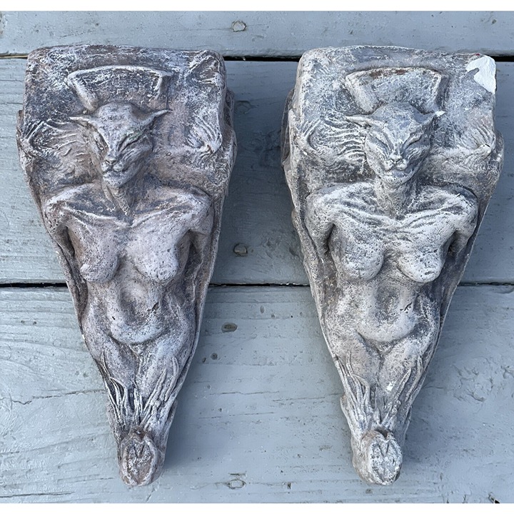 Pair of Cast Lycanthrope Gothic Halloween Architectural Shelf Console by Bakutis