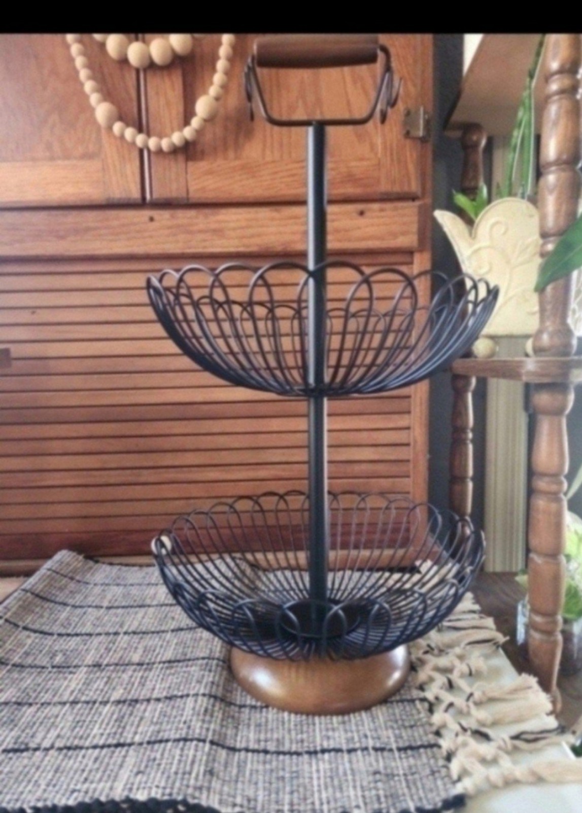 Farmhouse boho black metal 2 tiered basket with wooden base & handle