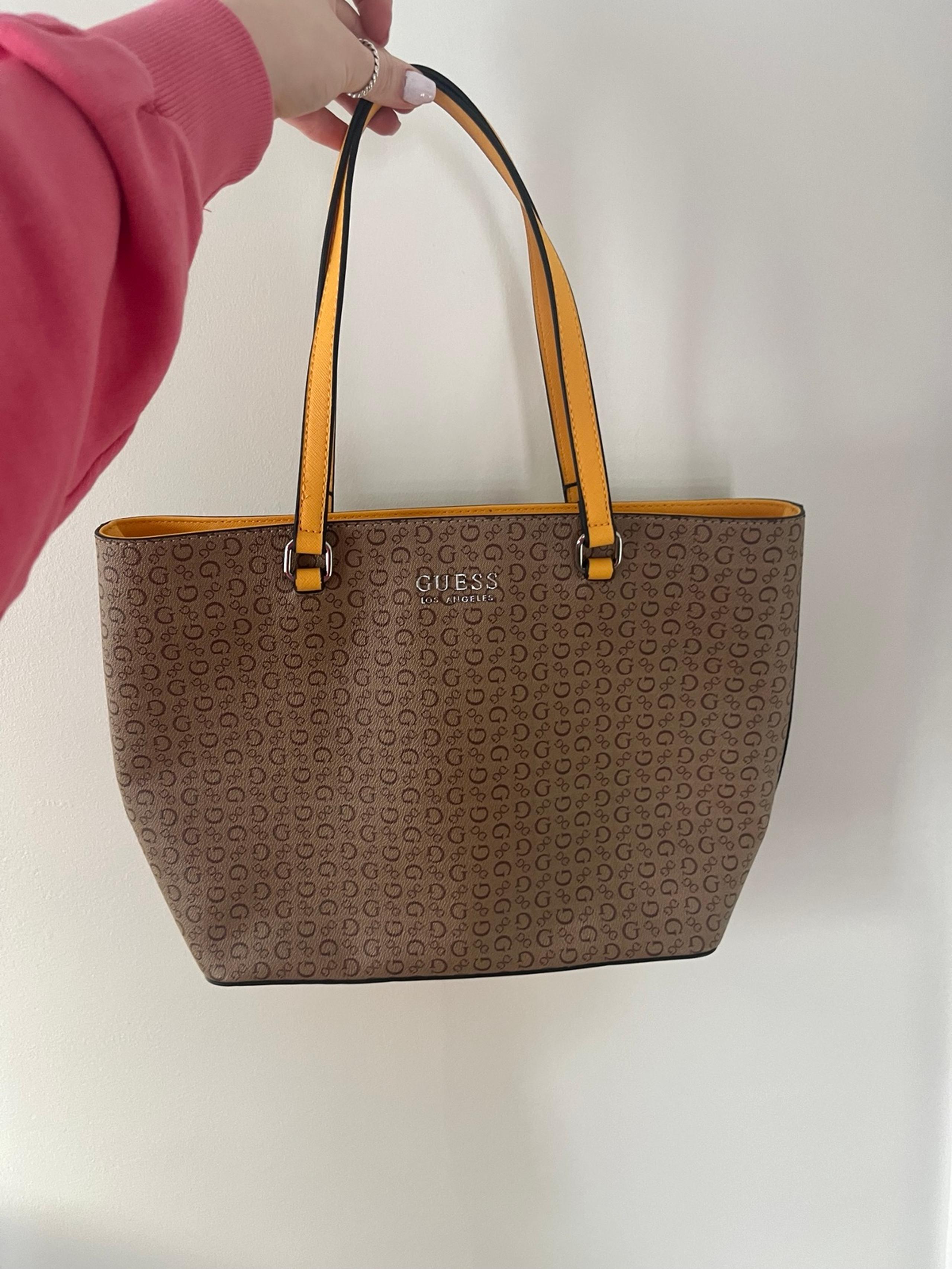 Guess Women's Signature Tote Shoulder Bag- Brown Golden Yellow