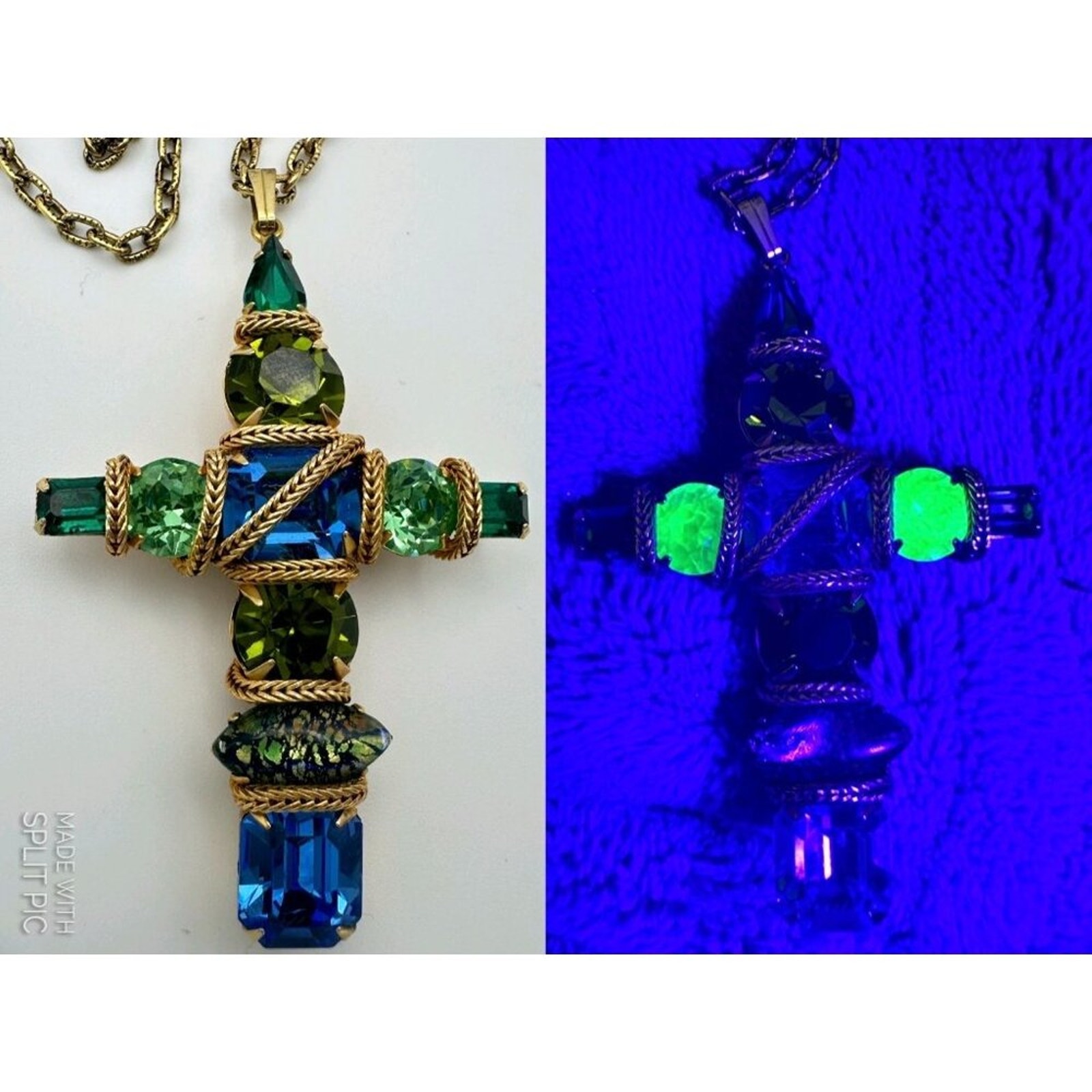 Vintage gold tone blue emerald green Uranium art glass rhinestones cross necklac