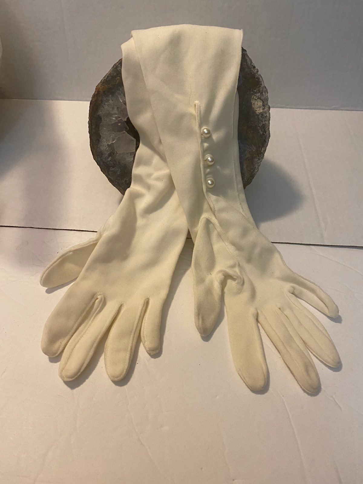 Vintage Fownes Double Woven Nylon Opera Gloves with 3 faux pearls
