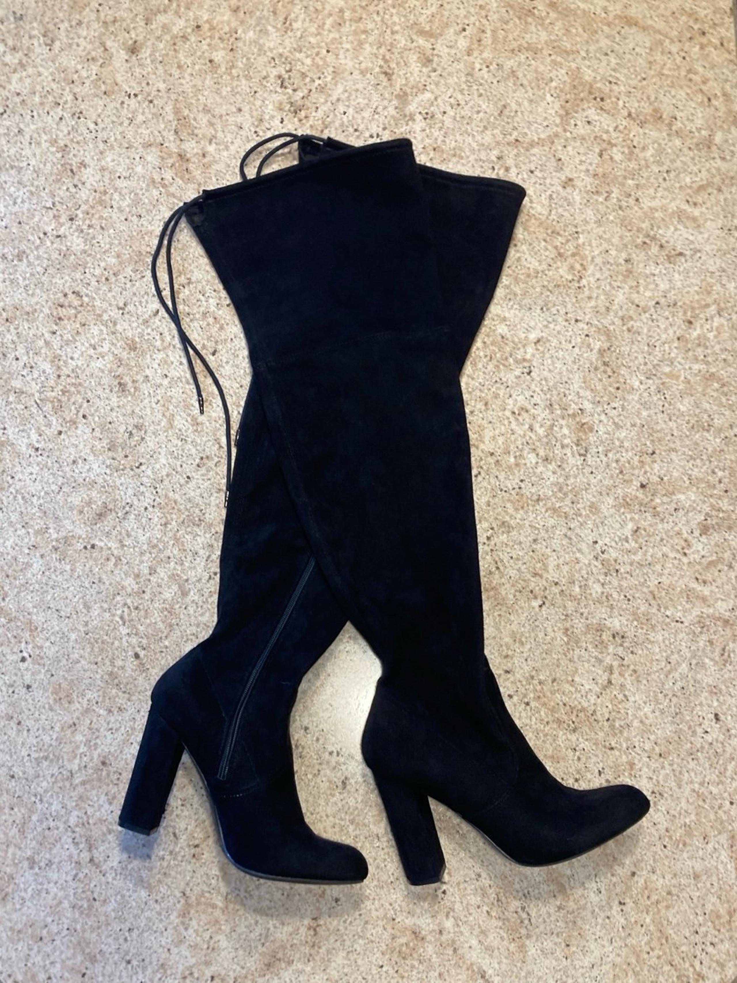 7 1/2 Sexy Over The Knee Tall Heeled Black Vegan Suede Boots