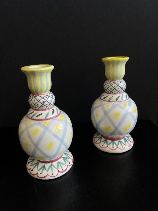 Set of 2 Candlesticks Holders Vintage porcelain candleholder Pastel painted cera