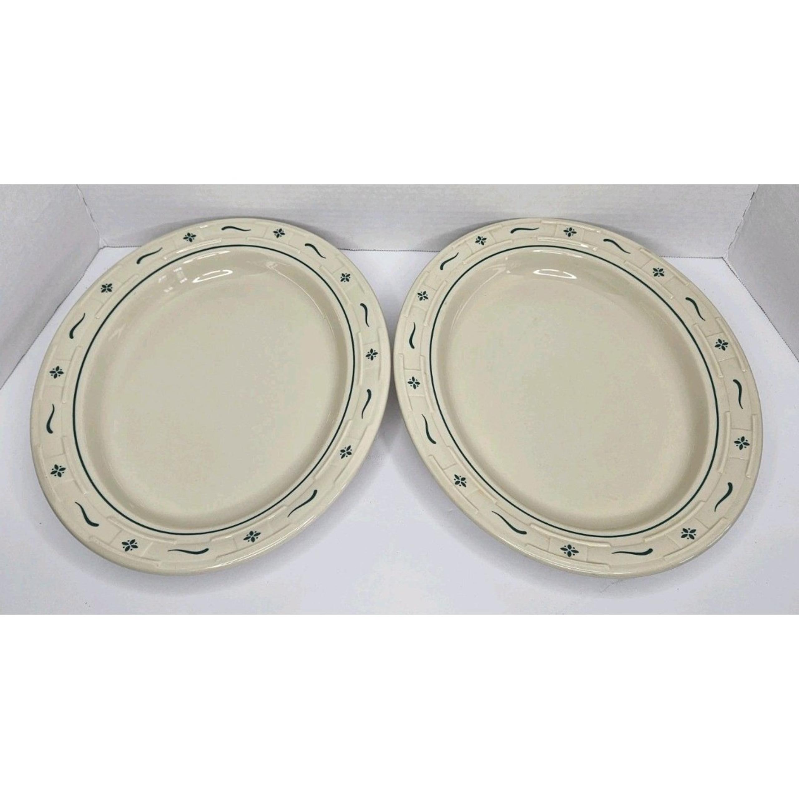 Longaberger Pottery Woven Traditions  Beige/Green Oval Serving Bowl 12.5" Set 2
