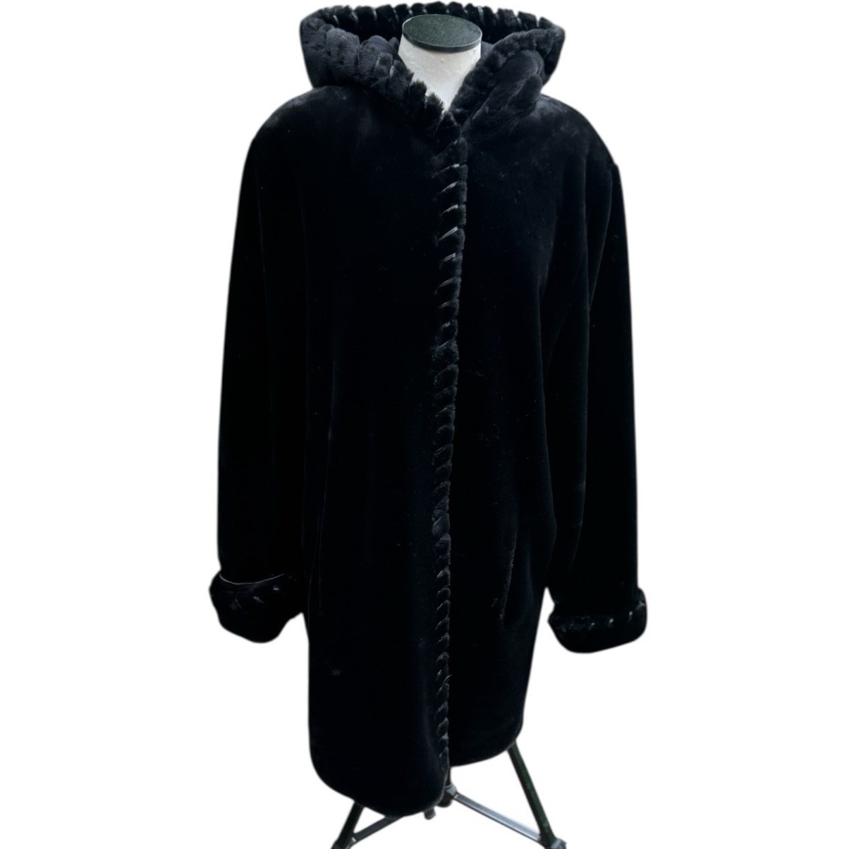 Apostrophe Faux Fur Black Coat Size XL Hooded So Soft & Heavy Vegan Leather Trim