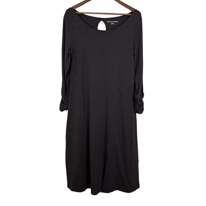 Soft Surroundings Dress Womens Medium Brown Annette Midi Long Sleeve Slit Ruched