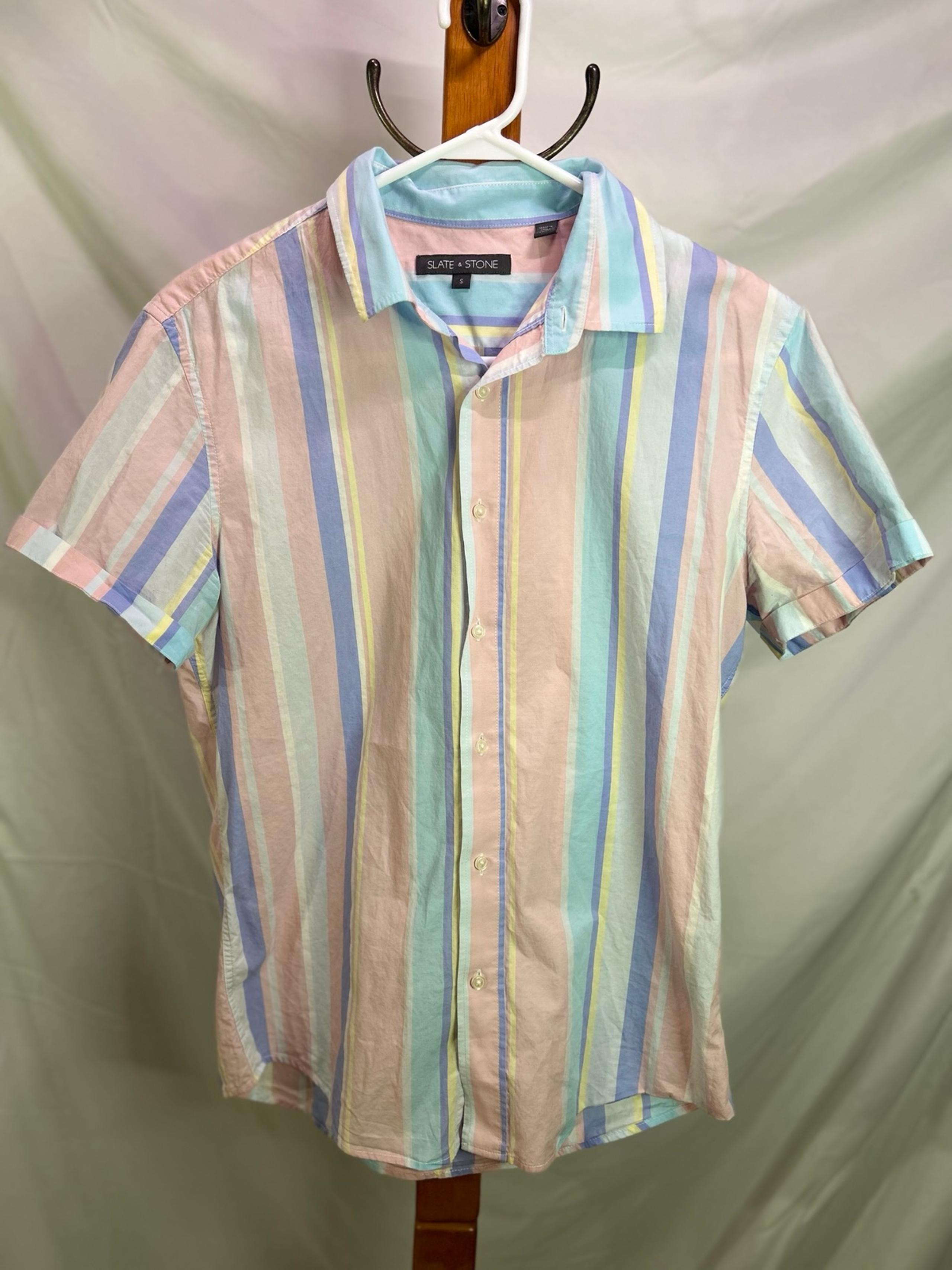 Slate & Stone Men’s Pastel Stripes Short Sleeve Button Down Top - Cotton, Size S
