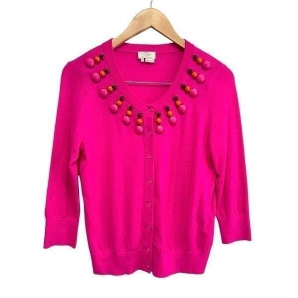Kate Spade Cardigan Sweater Size Medium Hot Pink Rio Embellished 3/4 Sleeve