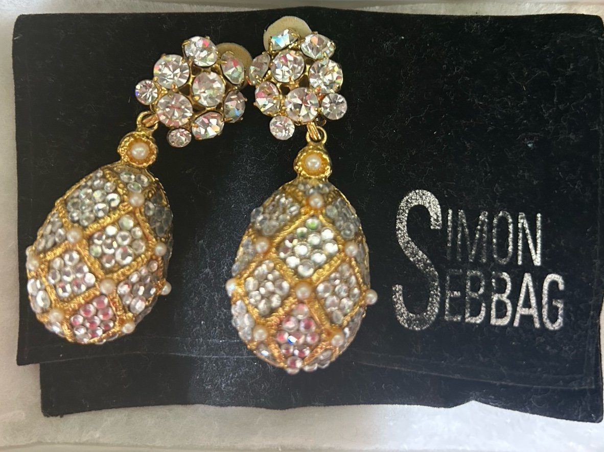 Vintage Signed Simon Sebbag Rhinestone Gold Egg Drop Earrings