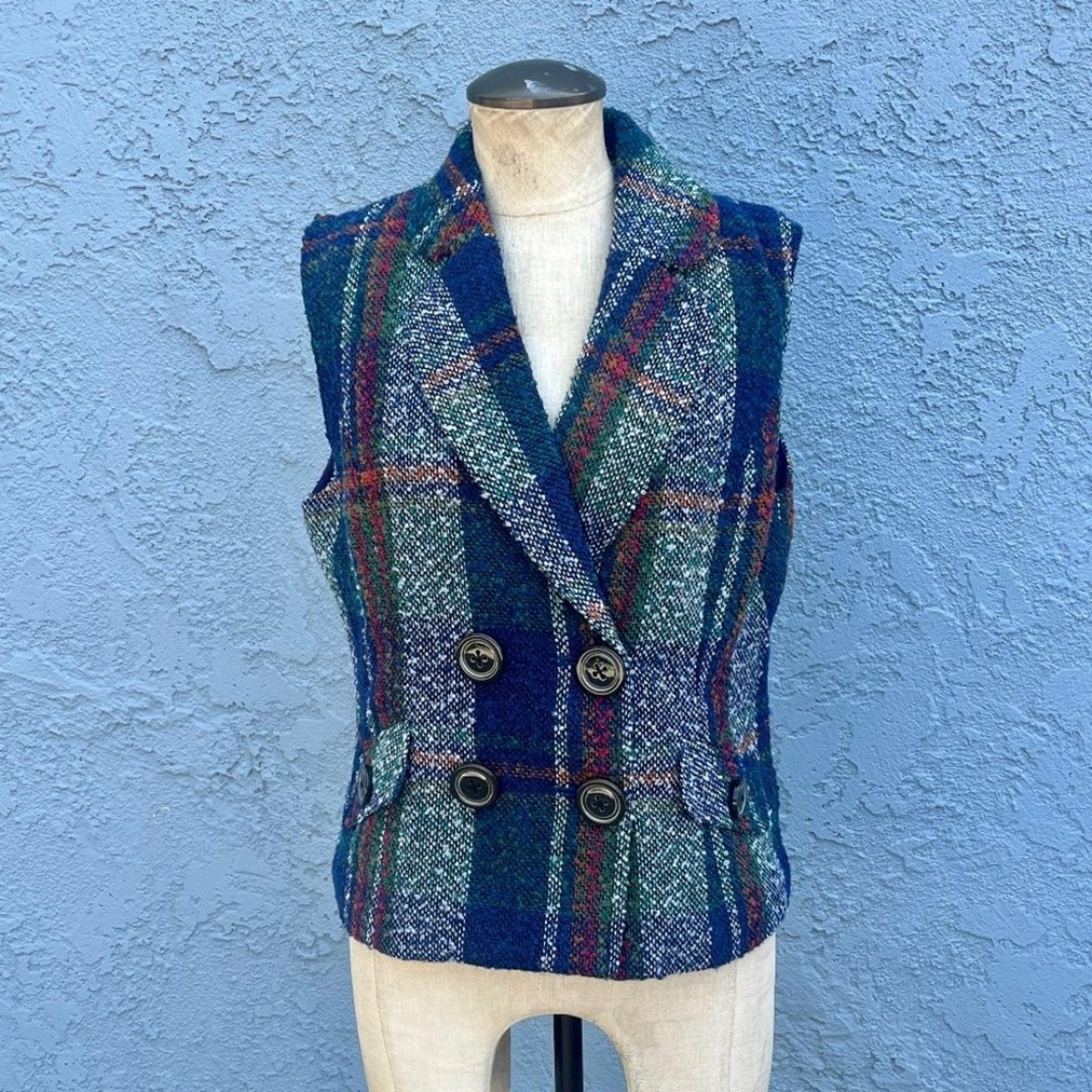 Cabi Tweed Vest Jacket blue plaid Womens preppy academia clothing