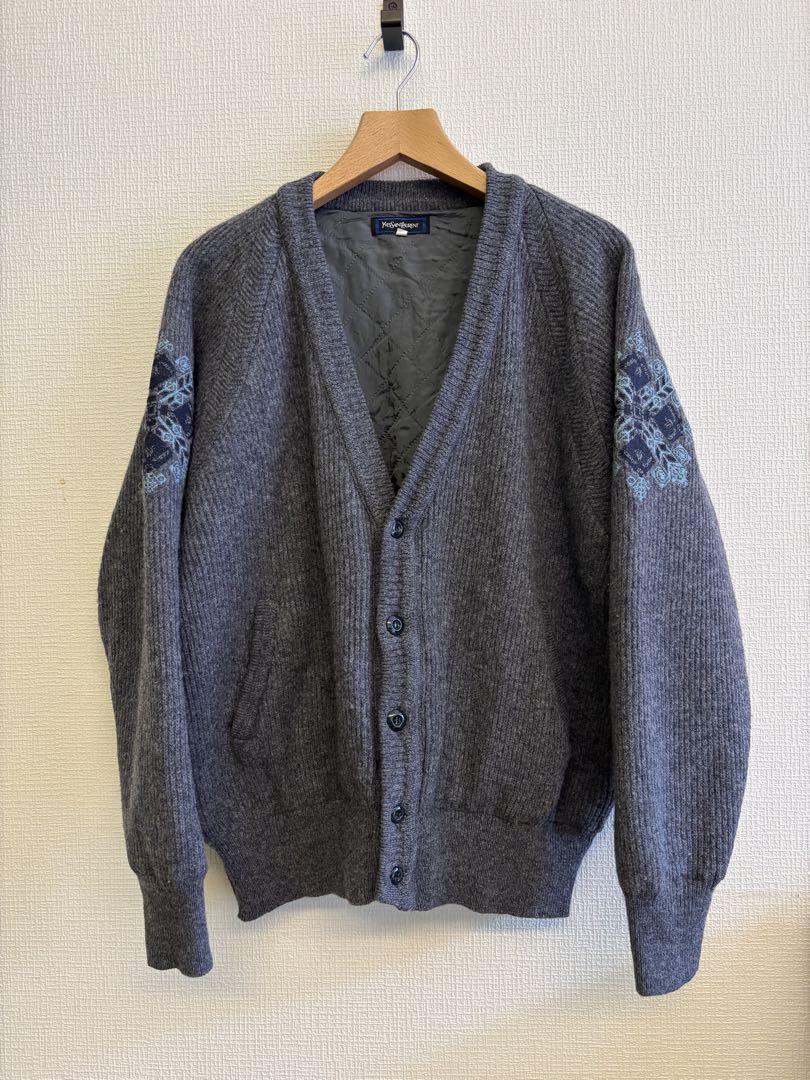 Vintage Yves Saint Laurent YSL L Snow Pattern Quilted Rib Knit Cardigan
