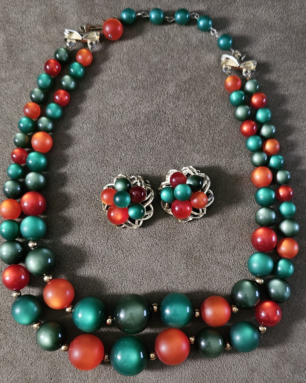 Coro Orange/Green Moonglow Dbl Strand Graduated Beaded Necklace & Earrings