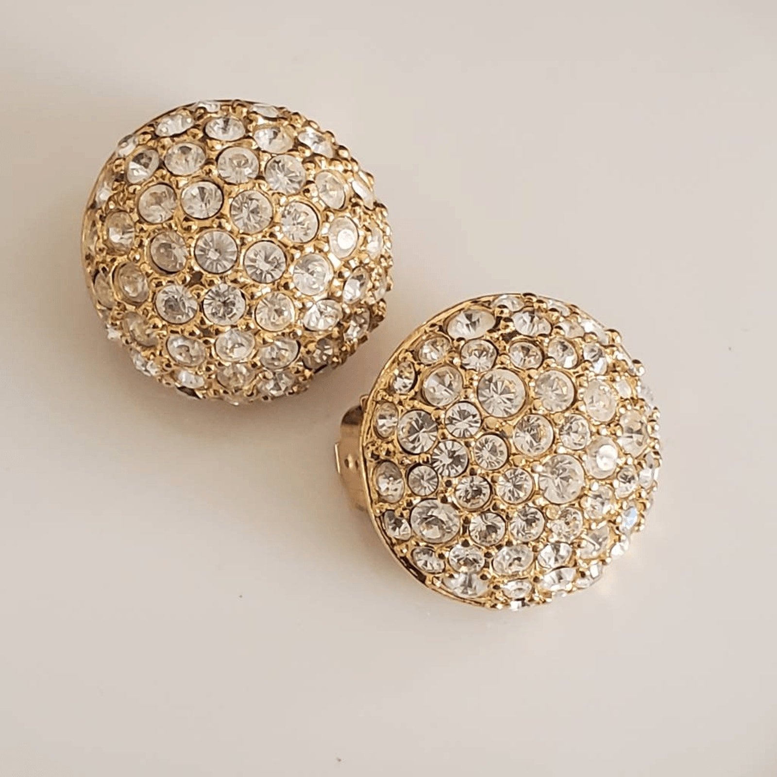 Swarovski Gold Tone Pave Crystal Domed Button Clip Earrings